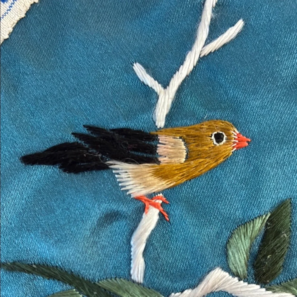 Vintage Chinese Silk Placemat with Floral Bird Embroidered Center - Brocade